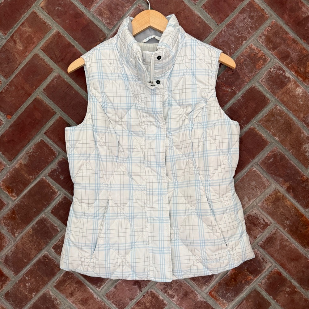 Eddie Bauer Womens Premium Goose Down Quilted Puffer Vest Plaid Blue White Small